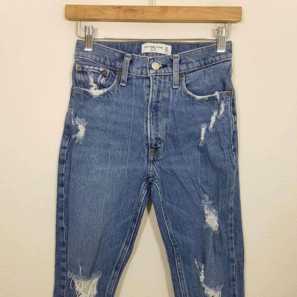 Abercrombie & Fitch The Mom High Rise Distressed Jeans Blue Size 00XS - Picture 2 of 7